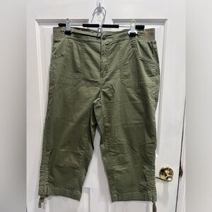 BASIC EDITIONS Green Cargo Stretch Waist Bottom Ties Capris Pants LARGE PreLoved